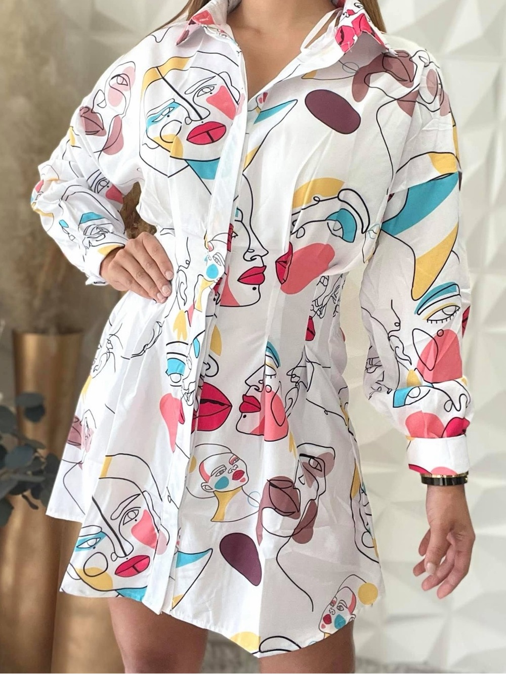 Women’s Long Sleeve Abstract Face Print Dress - White/Multi